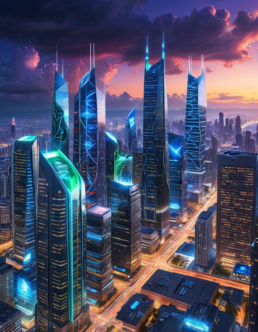 A futuristic cityscape with sleek skyscrapers symbolizing advanced web hosting servers, guarded by digital shield icons representing cutting-edge security. The skyline is interwoven with vibrant fiber-optic cables. A glowing Icins logo hovers in the sky, casting a protective light over the city. Super-realistic. Vibrant colors. Futuristic style.