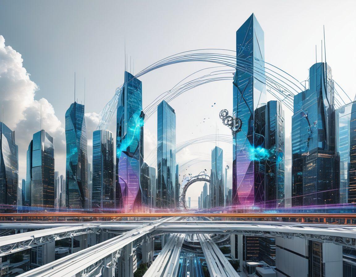 A futuristic cityscape with sleek skyscrapers symbolizing digital transformation, with a cloud-shaped arc stretching across the sky, integrating lines of code and various tech devices. Multiple gears turning seamlessly in the background to represent deployment processes. super-realistic. vibrant colors. white background.