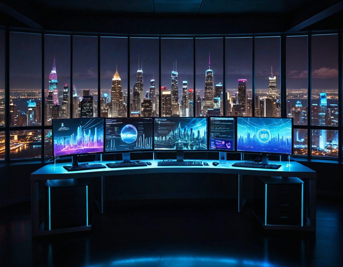 A sleek and futuristic workspace featuring a computer with holographic interface showcasing advanced web solutions, all set against a dynamic city skyline. Elements of digital connectivity like data streams, graphs, and code snippets float around, symbolizing innovation and technology. A modern, fierce-looking company logo with the name 'Icins Technology' glows prominently. super-realistic. vibrant colors. cyberpunk.